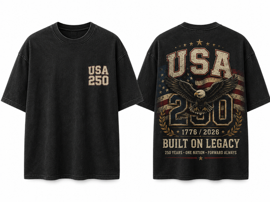 Vintage black heavyweight USA 250 tee shown front and back, featuring a small USA 250 left-chest graphic and a large distressed eagle, American flag, and “Built On Legacy” 1776–2026 back graphic.