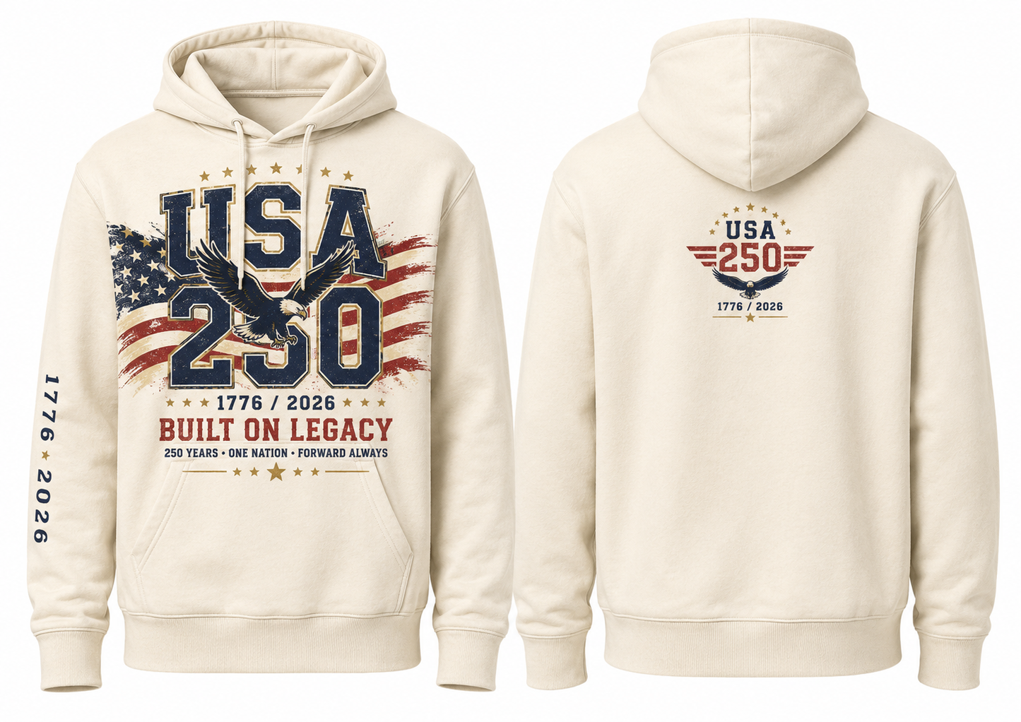 Vintage cream USA 250 fleece hoodie shown front and back with patriotic eagle and American flag front graphic, USA 250 back emblem, and 1776–2026 left-sleeve detail.