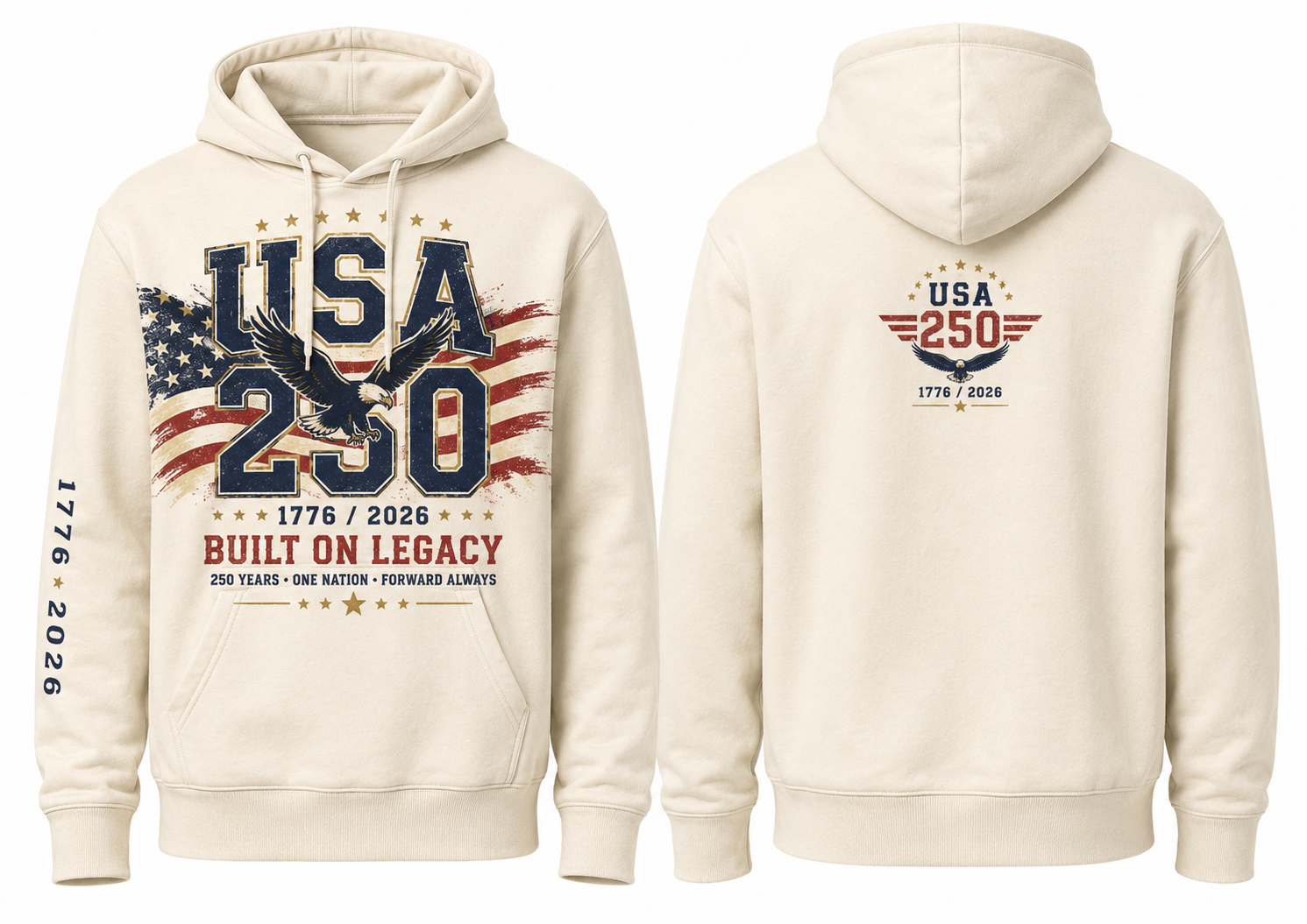 Vintage cream USA 250 fleece hoodie shown front and back with patriotic eagle and American flag front graphic, USA 250 back emblem, and 1776–2026 left-sleeve detail.