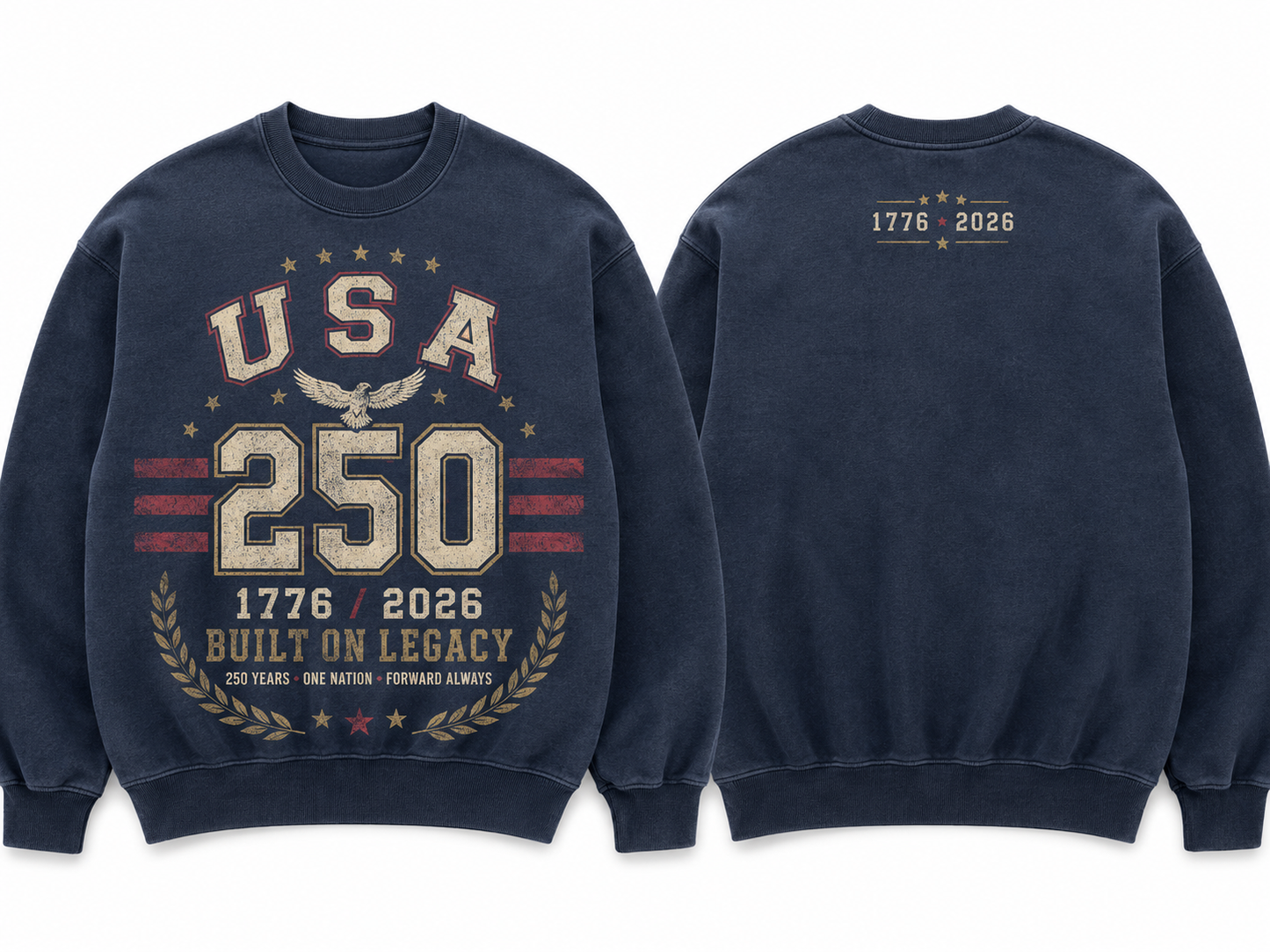 Vintage navy heavyweight USA 250 crewneck sweatshirt with distressed USA lettering, eagle artwork, 250 graphic, 1776 / 2026 detail, red stripes, and Built On Legacy text.