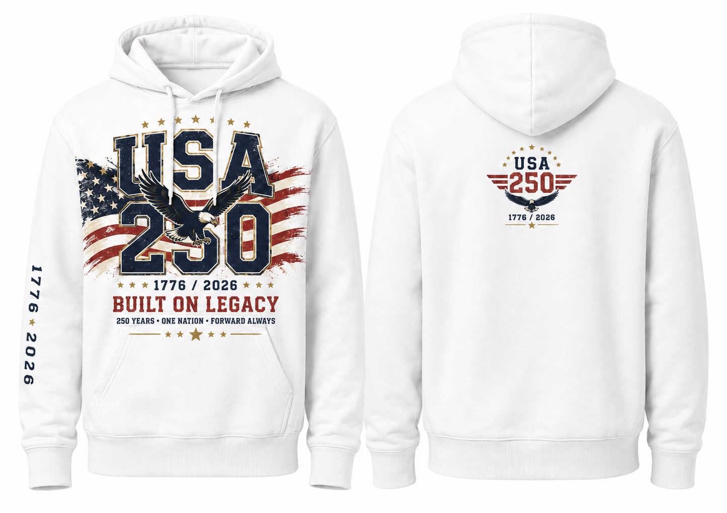 White USA 250 fleece hoodie shown front and back with patriotic eagle and American flag front graphic, USA 250 back emblem, and 1776–2026 left-sleeve detail.