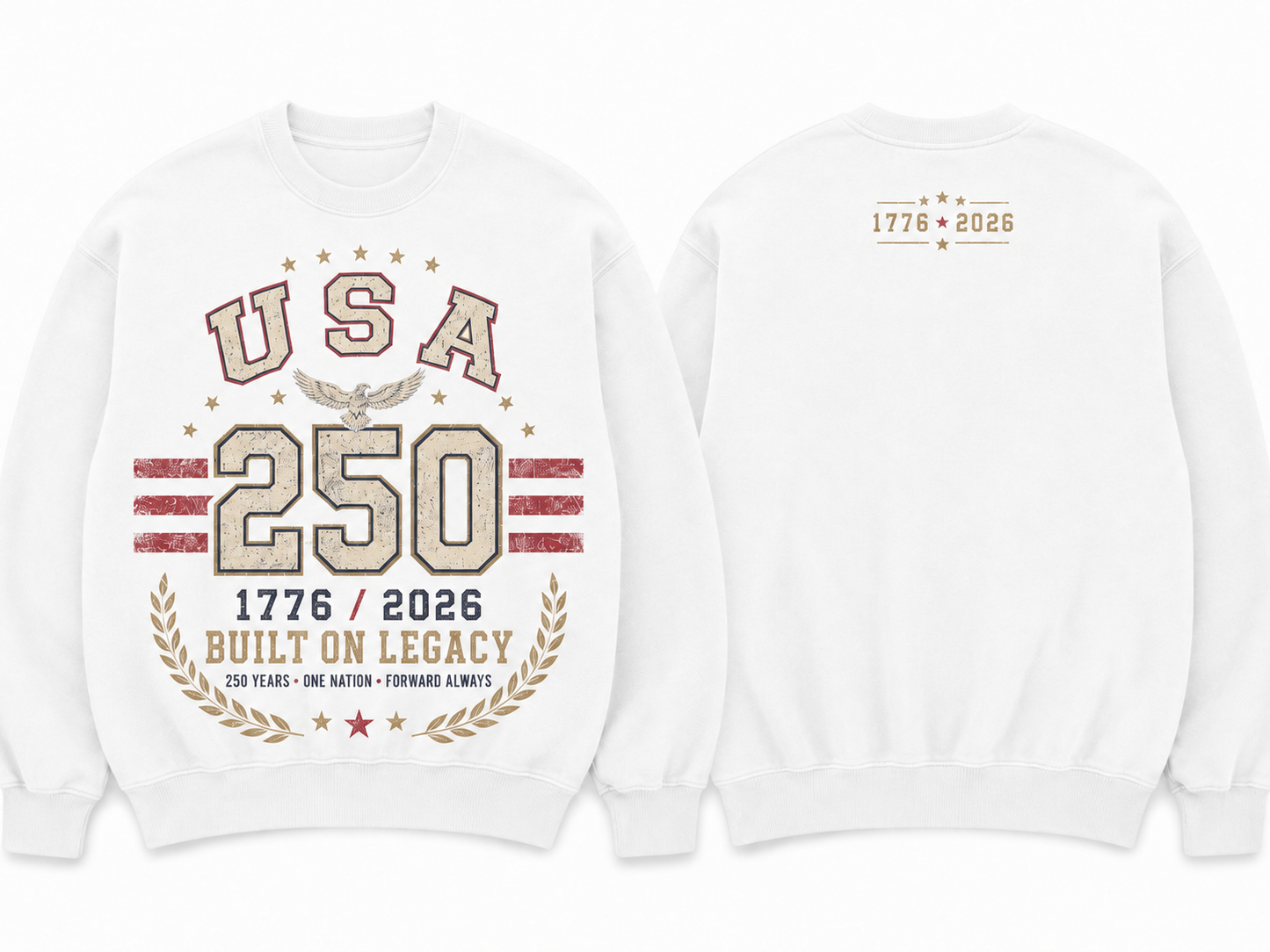 White heavyweight USA 250 crewneck sweatshirt with distressed USA lettering, eagle artwork, 250 graphic, 1776 / 2026 detail, red stripes, and Built On Legacy text.