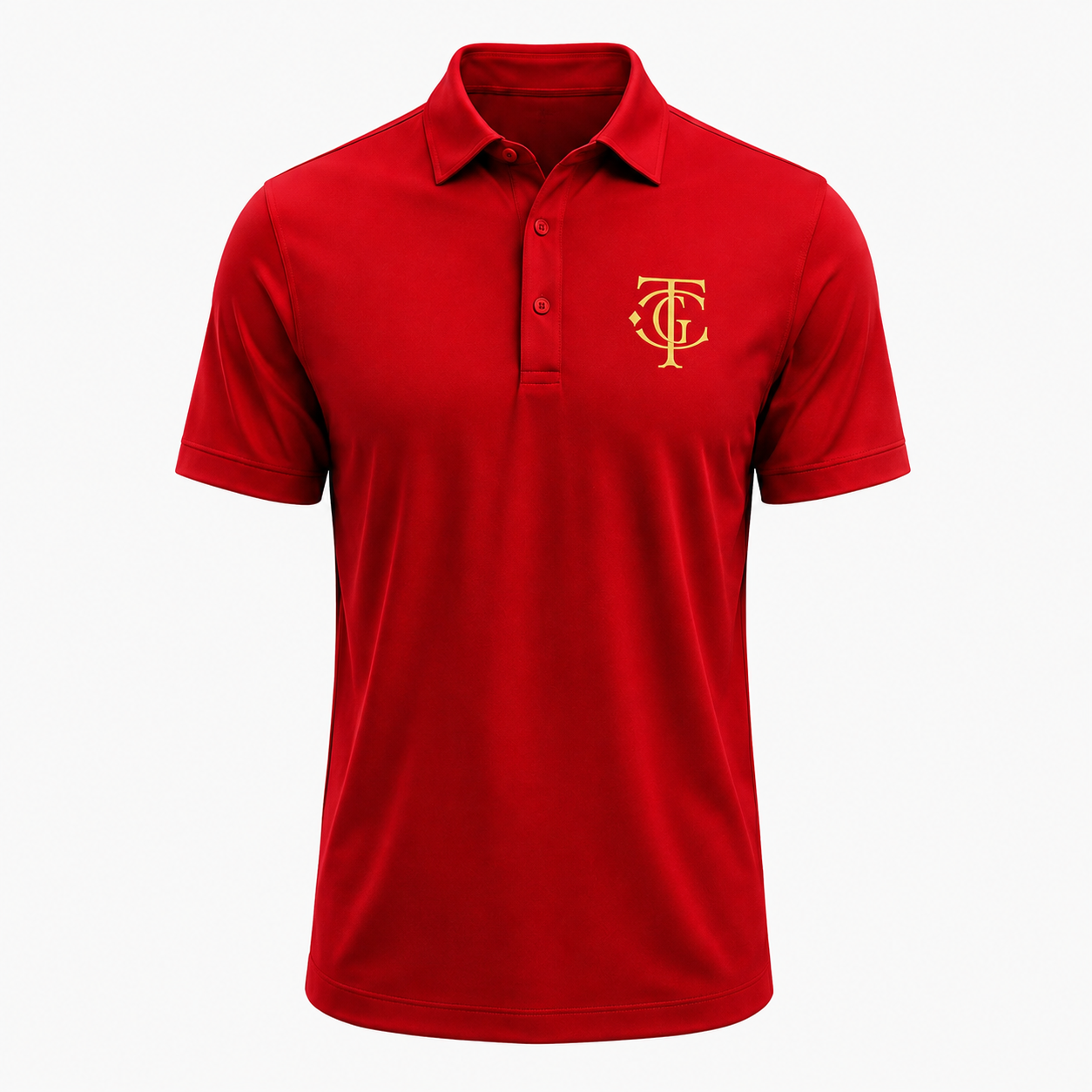 Championship Red ATL Championship Performance Polo front view with gold TGC monogram.
