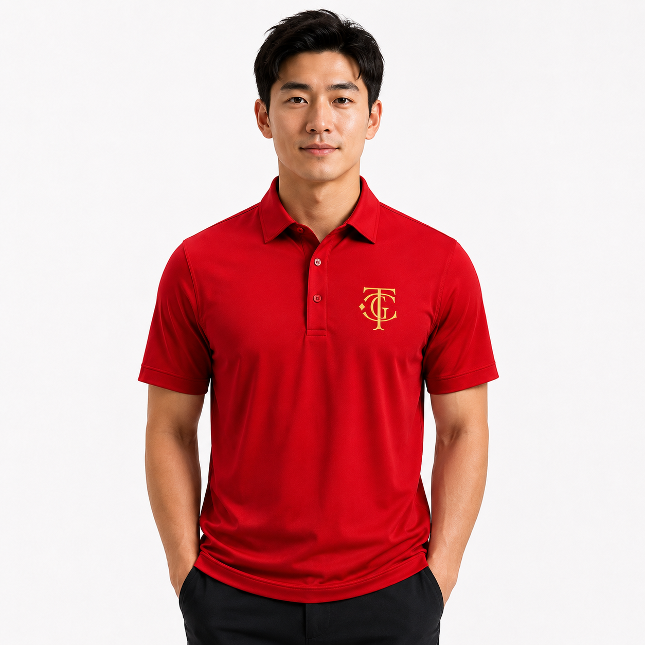 Championship Red ATL Championship Performance Polo front view with gold TGC monogram.