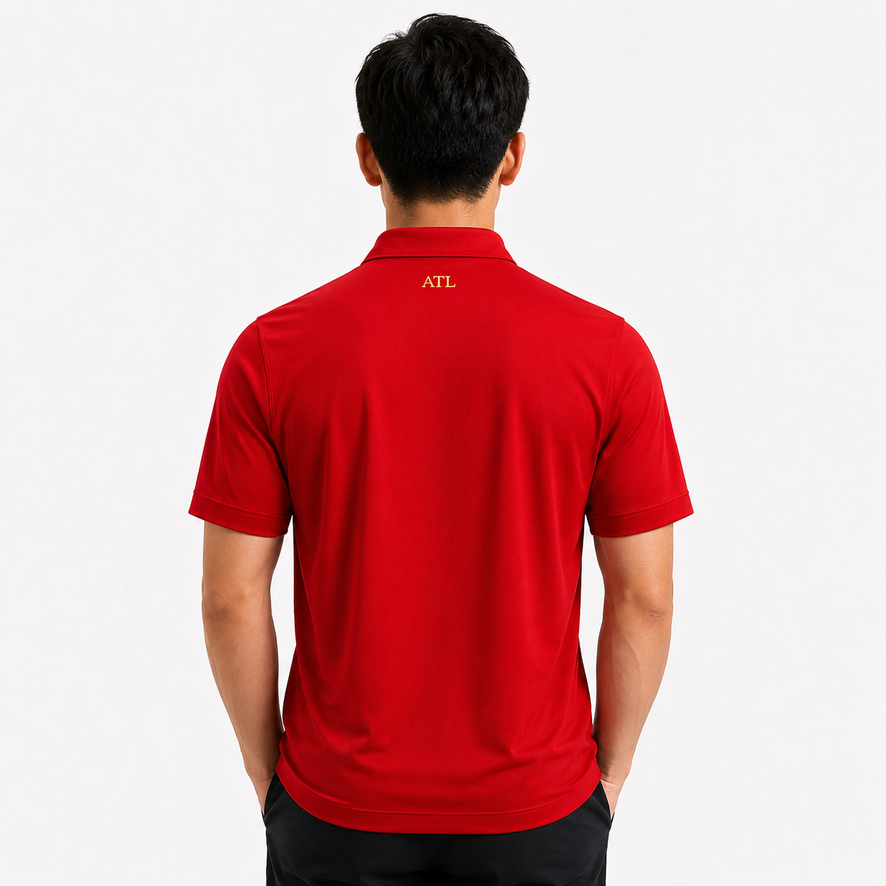 Championship Red ATL Championship Performance Polo rear view with ATL collar detail.