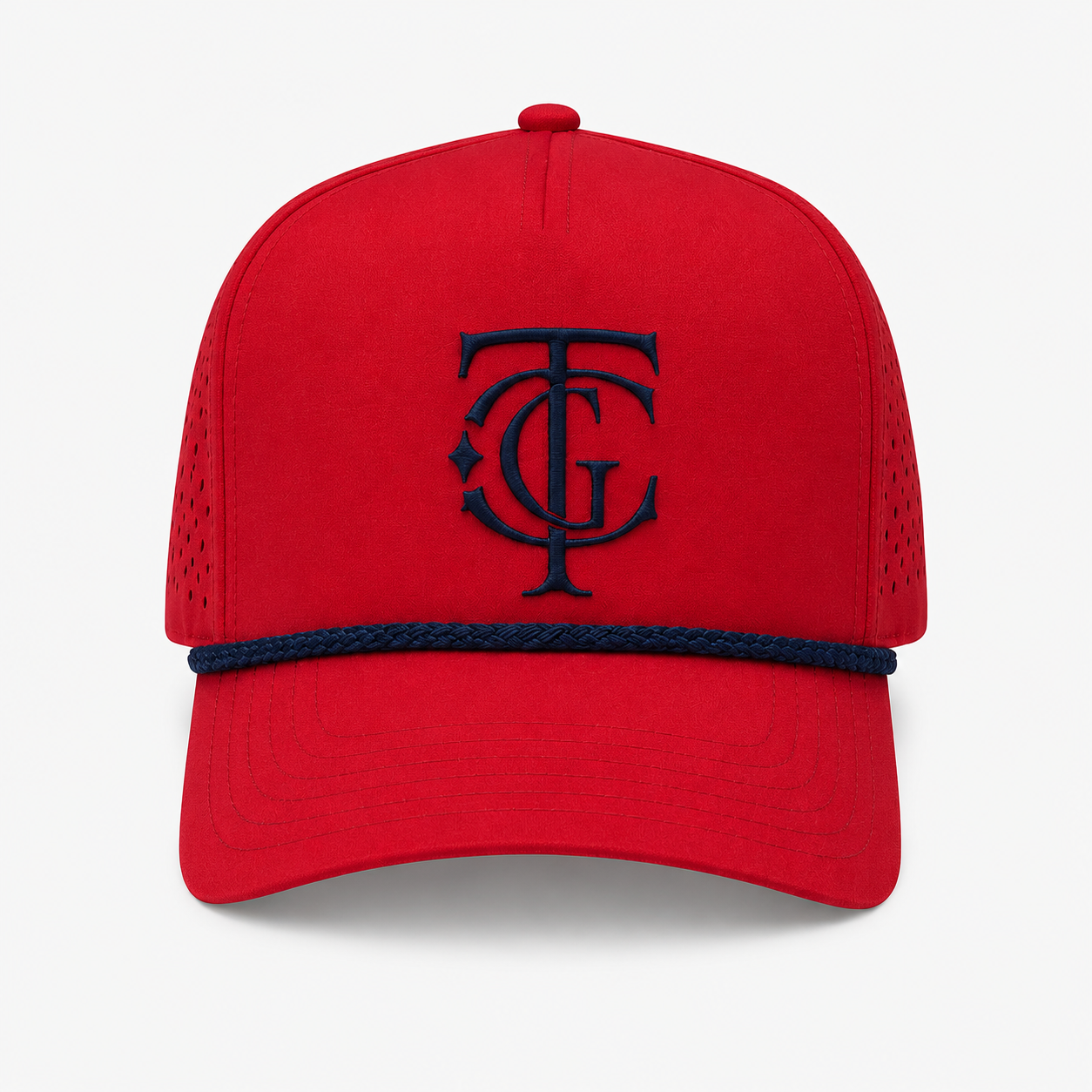 Championship red TGC ATL Championship performance rope cap with navy embroidered monogram and navy rope detail