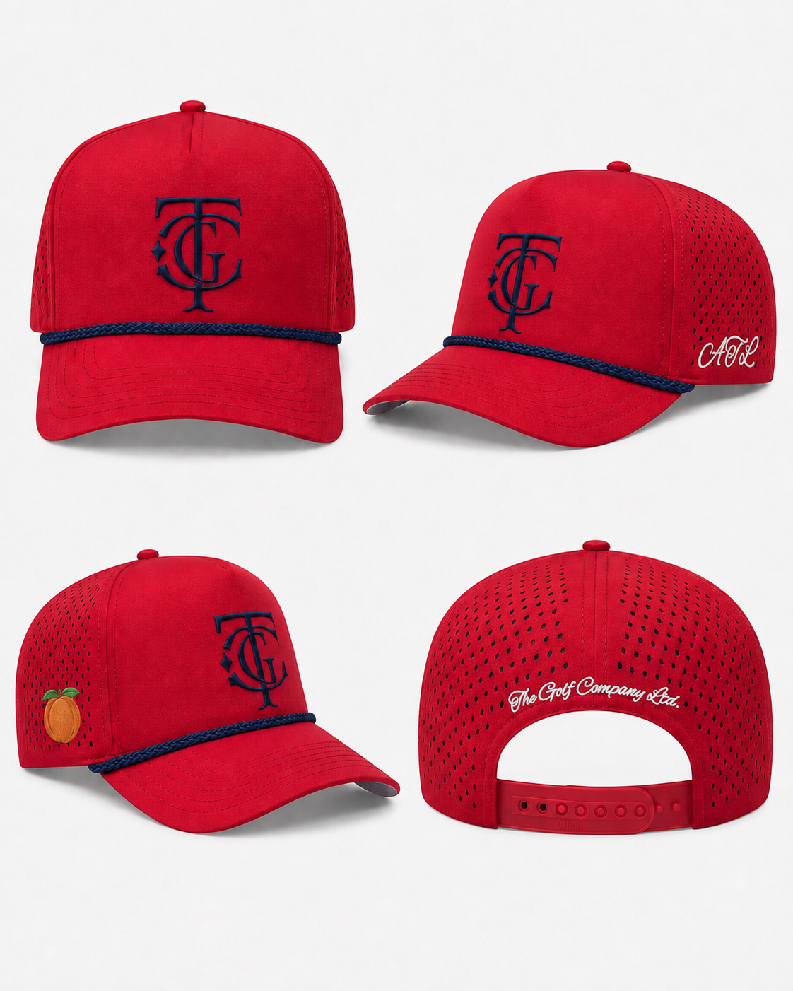 A red baseball cap shown from four angles on a light gray background. The cap features a dark navy embroidered monogram logo on the front, a navy rope detail across the brim, white script embroidery on the side and back, and a small orange fruit patch on the side mesh panel.