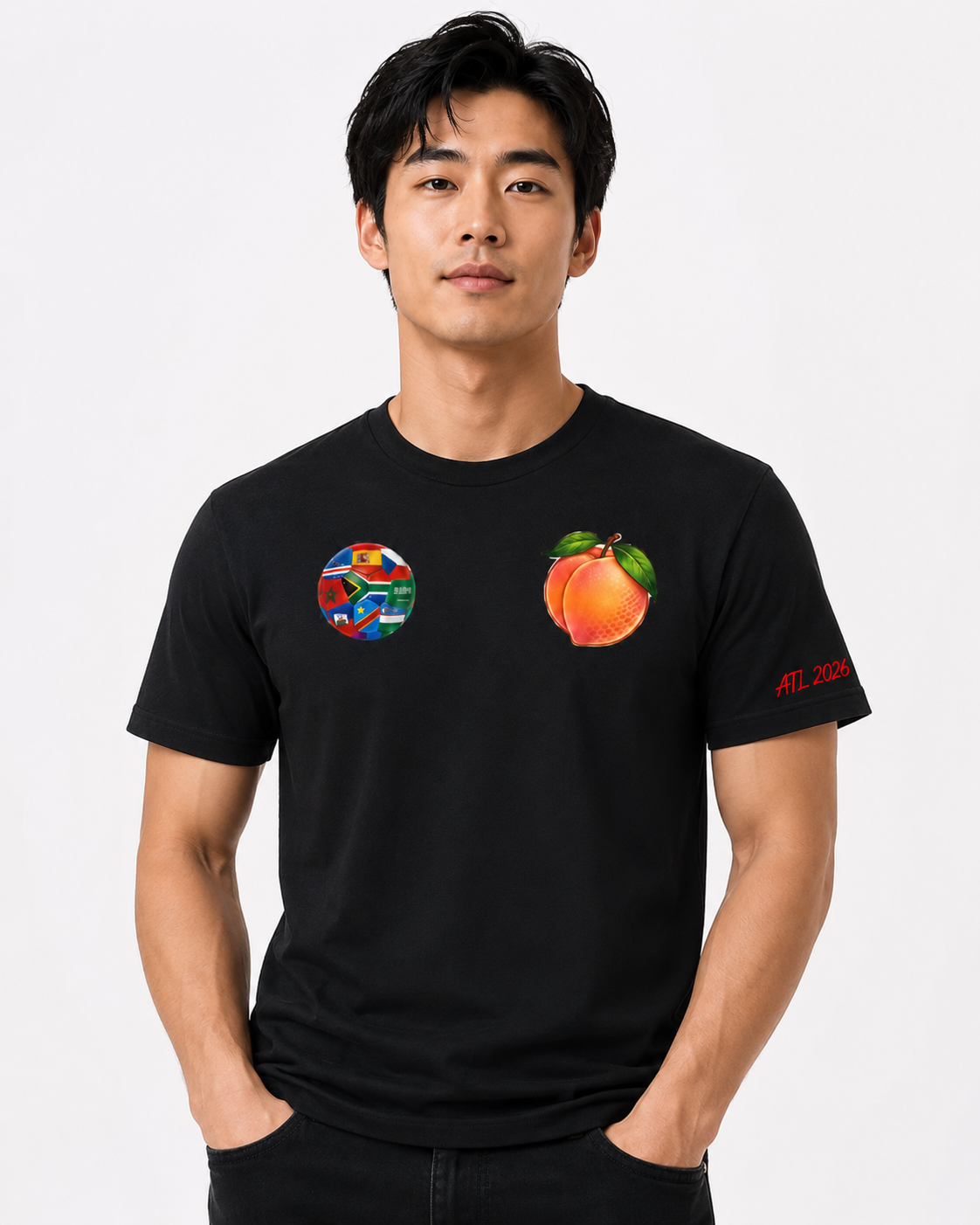 Male model wearing a black Atlanta 2026 Peach Crest tee with multi-nation soccer ball, Georgia peach chest graphic, and ATL 2026 sleeve detail.