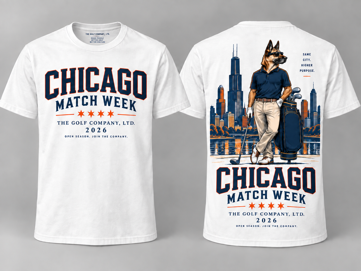 Front and back product view of the Chicago Match Week City Culture Tee in white, featuring bold navy-and-orange Chicago Match Week graphics on the front and Hudson the Golfer against the Chicago skyline on the back.