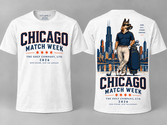 Front and back product view of the Chicago Match Week City Culture Tee in white, featuring bold navy-and-orange Chicago Match Week graphics on the front and Hudson the Golfer against the Chicago skyline on the back.
