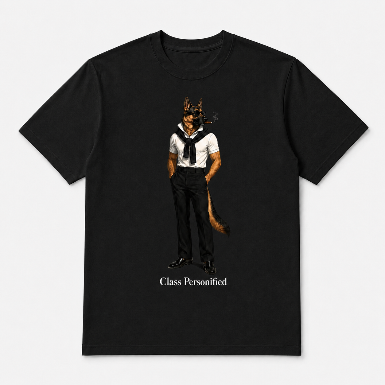 Black Class Personified Hudson tee featuring German Shepherd character artwork and Class Personified text.