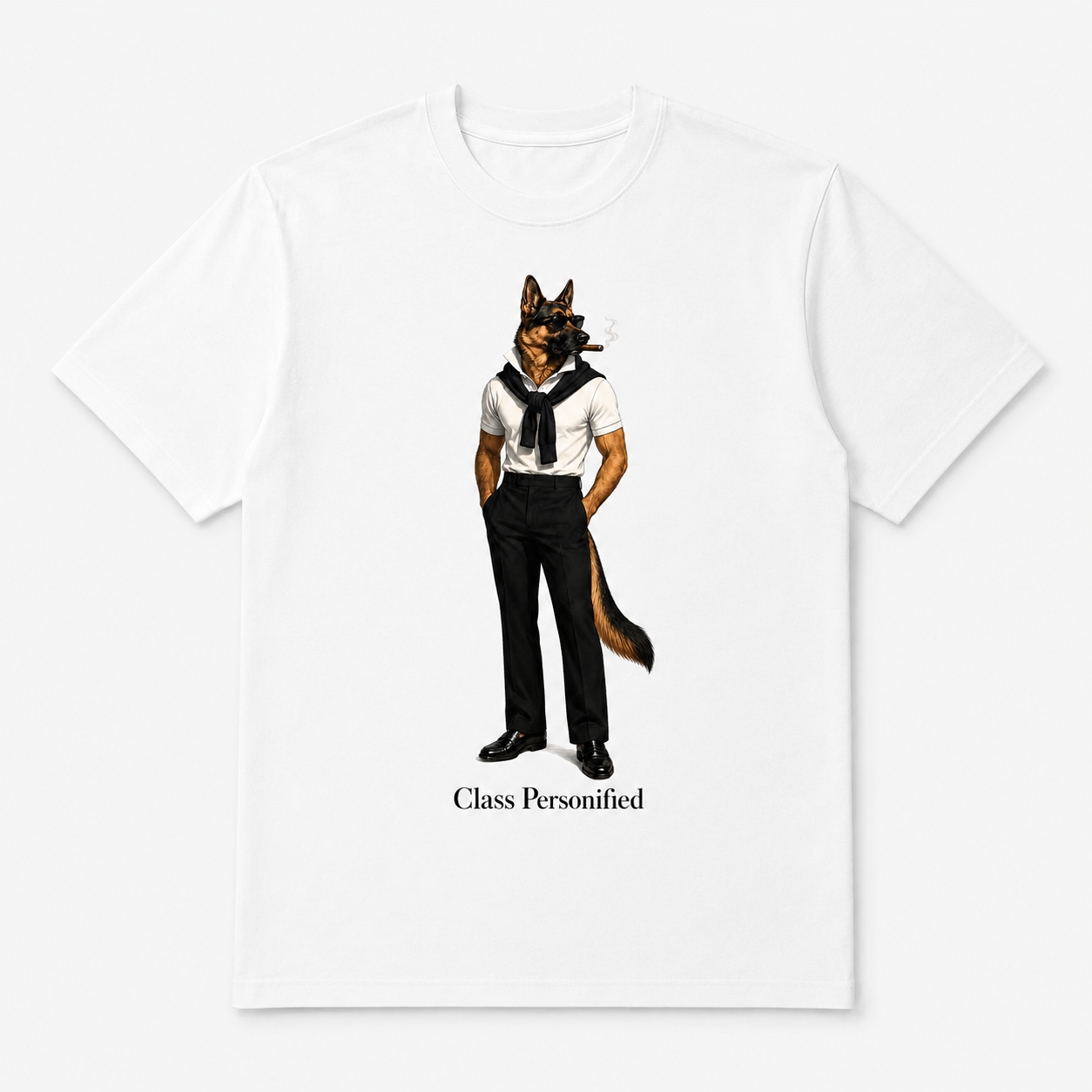 White Class Personified Hudson tee with German Shepherd golf character graphic centered on the fro