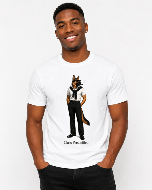 Male model wearing white Class Personified Hudson tee with centered German Shepherd golf character graphic.