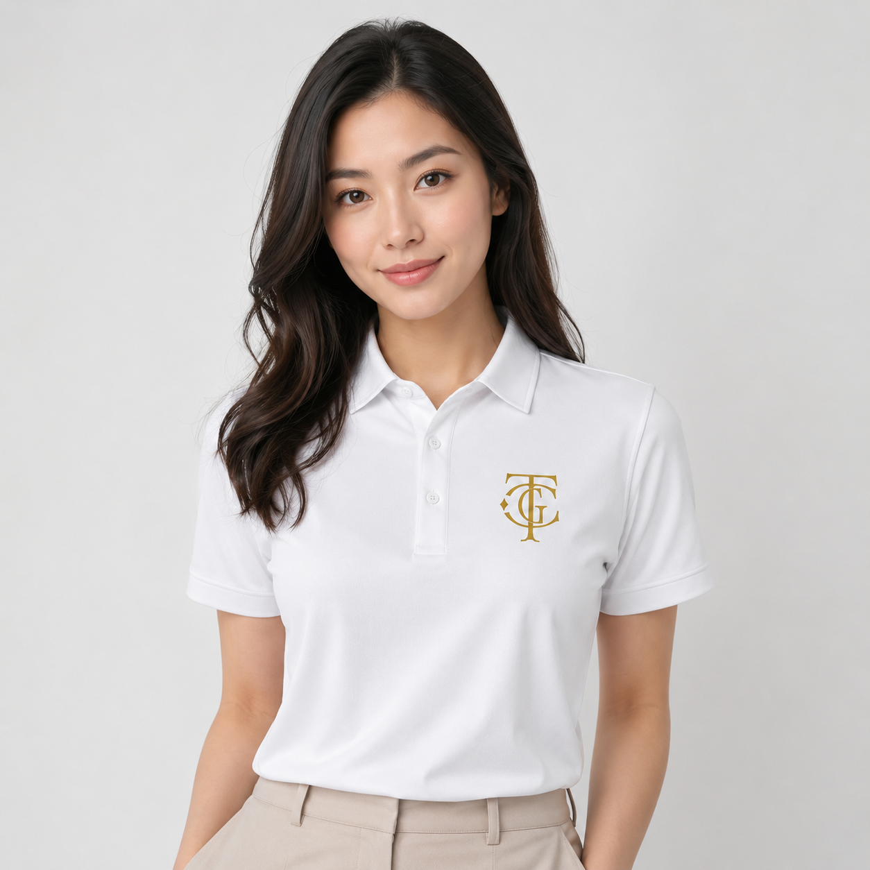 White ATL Championship Performance Polo front view with gold TGC monogram.
