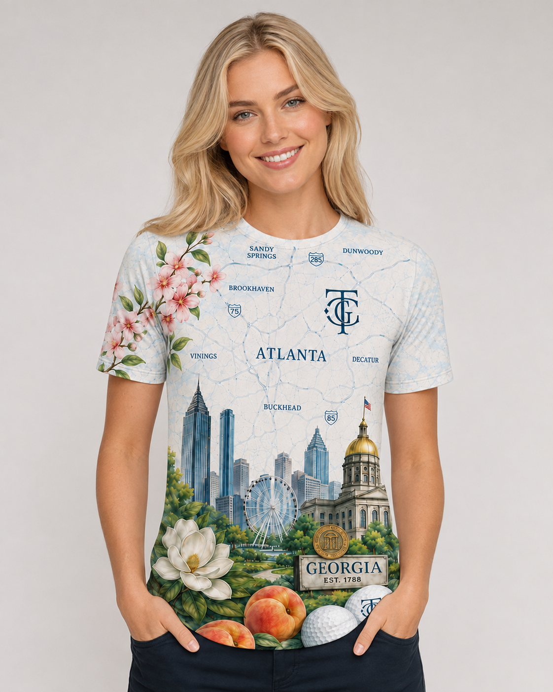 Female model wearing the ATL Metro Map All-Over Standard Fit Tee with Atlanta city map, skyline, peach, and golf artwork.
