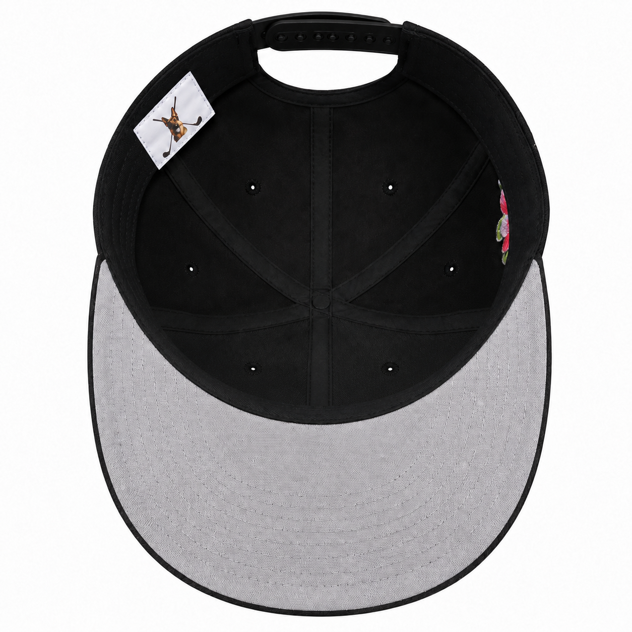 Black and gray cap with embroidered designs on a white background