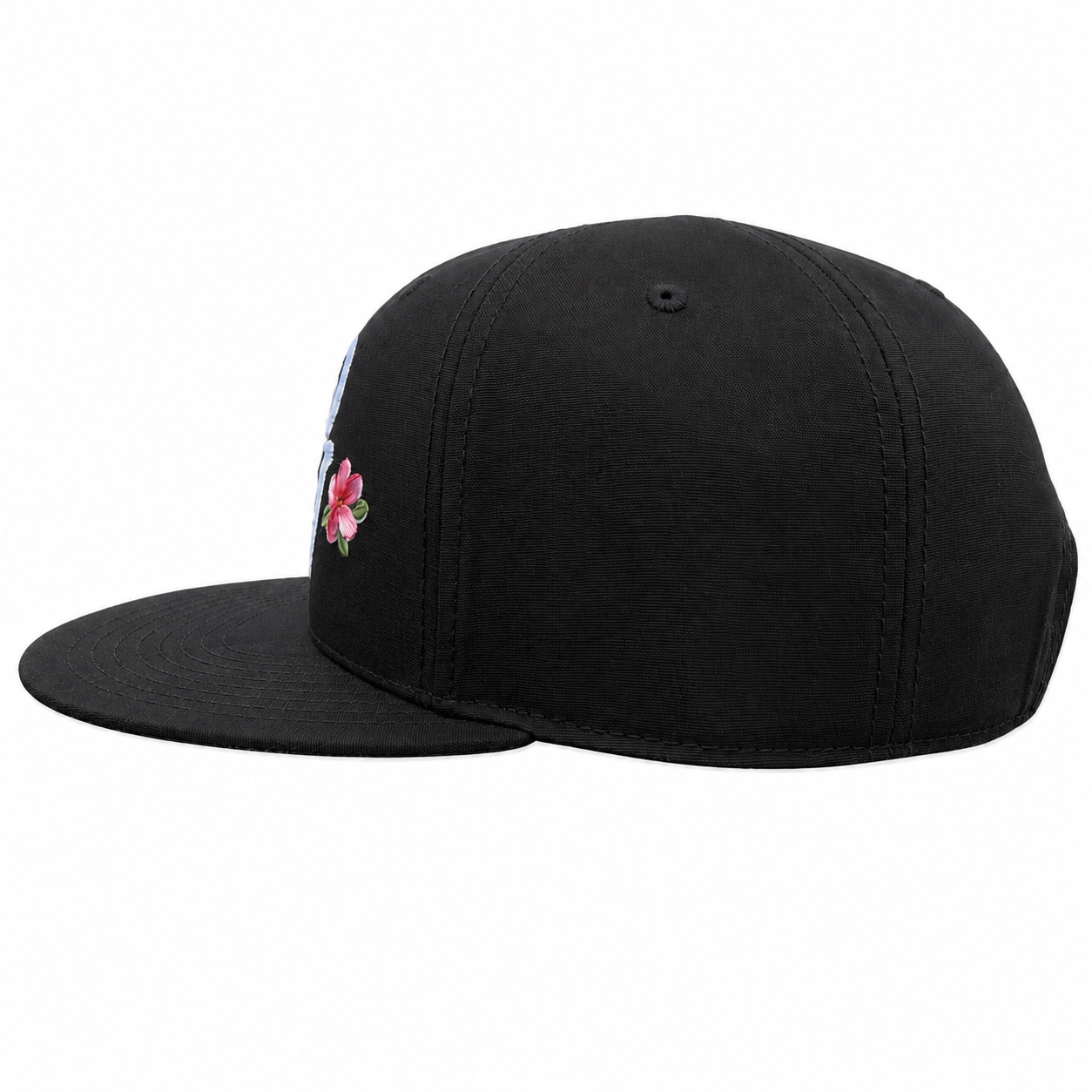 Black cap with a floral emblem on a white background
