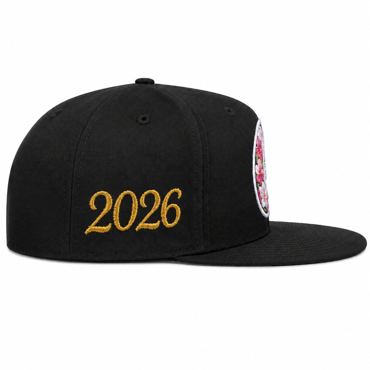 Black cap with '2026' embroidered in gold on a white background