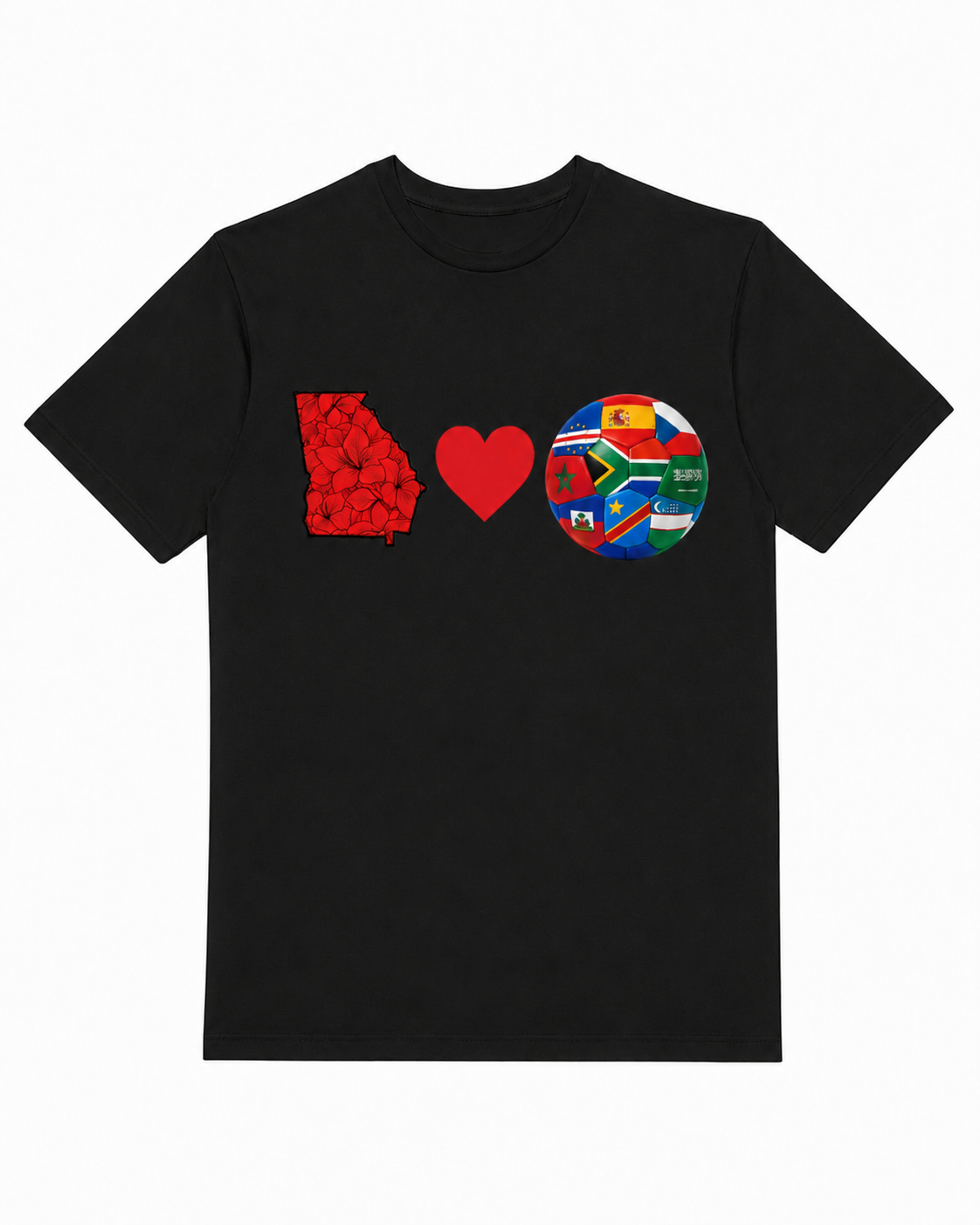 Black Georgia Loves Fútbol tee with red Georgia state graphic, red heart, and multi-nation soccer ball artwork across the chest.