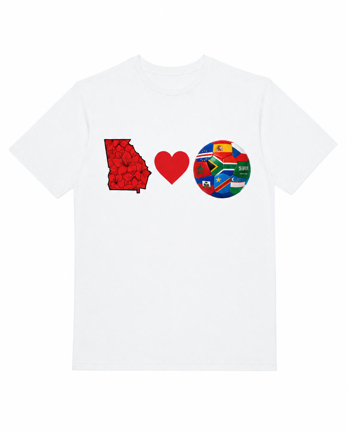 White Georgia Loves Fútbol tee with red Georgia state graphic, red heart, and multi-nation soccer ball artwork across the chest.