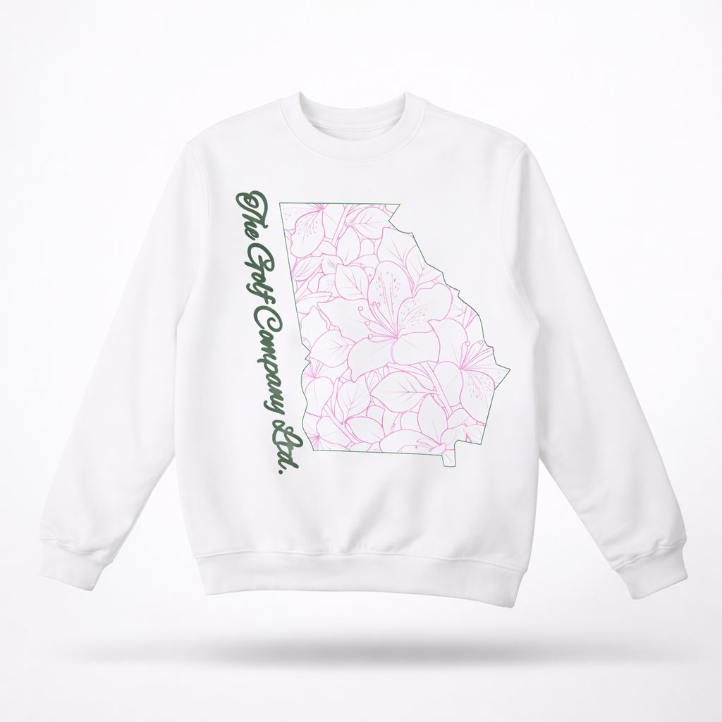 White sweatshirt with pink floral design and text on a white background