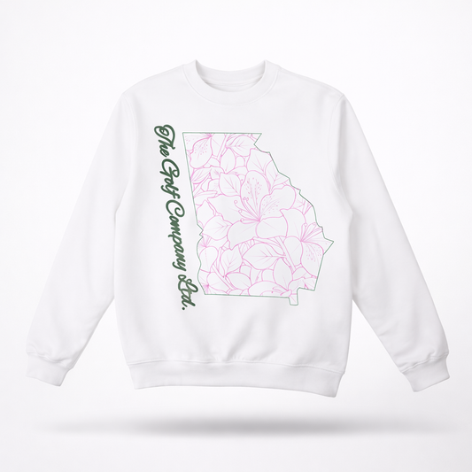 White sweatshirt with pink floral design and text on a white background