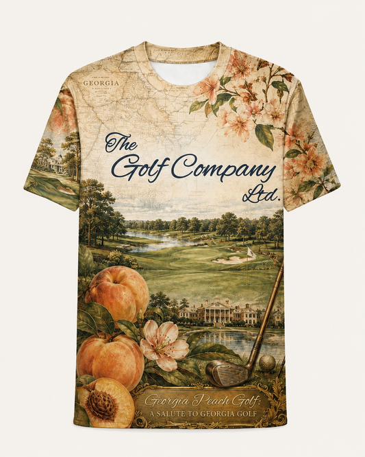 A short-sleeve crewneck t-shirt featuring a vintage-style all-over print of a Georgia State Peach Golf course. The design includes a map background, peach blossoms, peaches, a golf club, and the text 'The Golf Company Ltd.