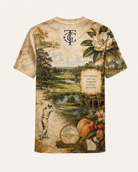 A vintage-style short-sleeve t-shirt with an all-over golf-themed collage print. The design features a golf course landscape, a golfer, peaches, a white magnolia flower, and a prominent black 'TTC' monogram at the center of the back.
