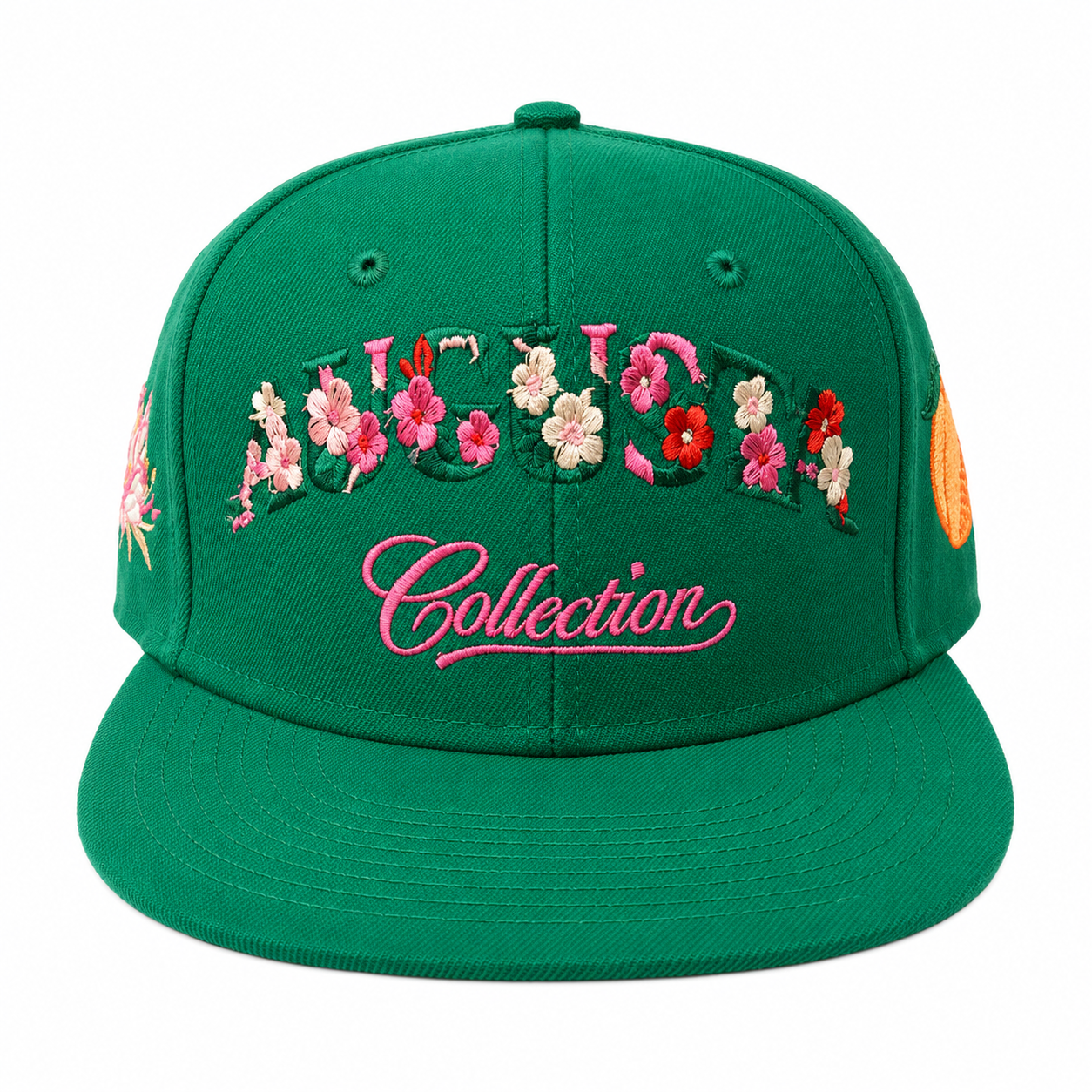 Green cap with floral designs and 'Collection' text on a white background
