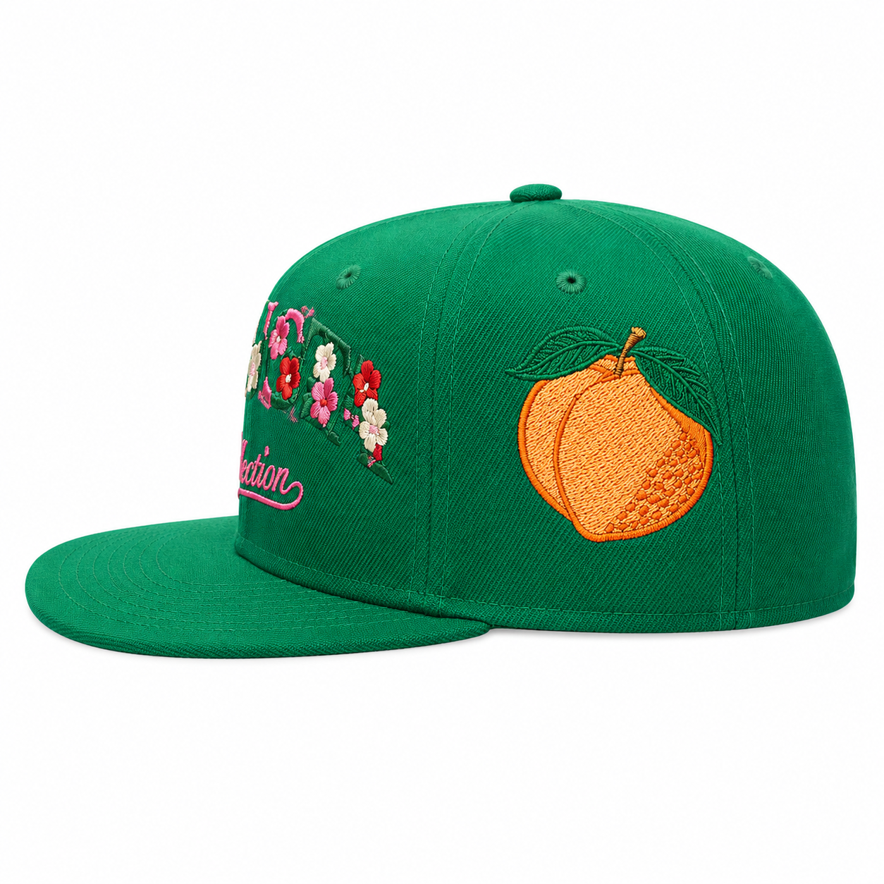 Green cap with floral and peach designs on a white background