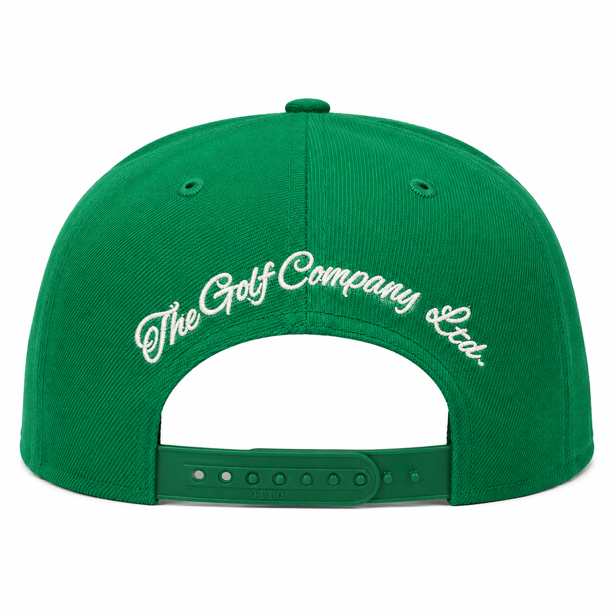 Green Augusta Collection Snapback Hat with white The Golf Company Ltd script embroidery above adjustable snapback closure.