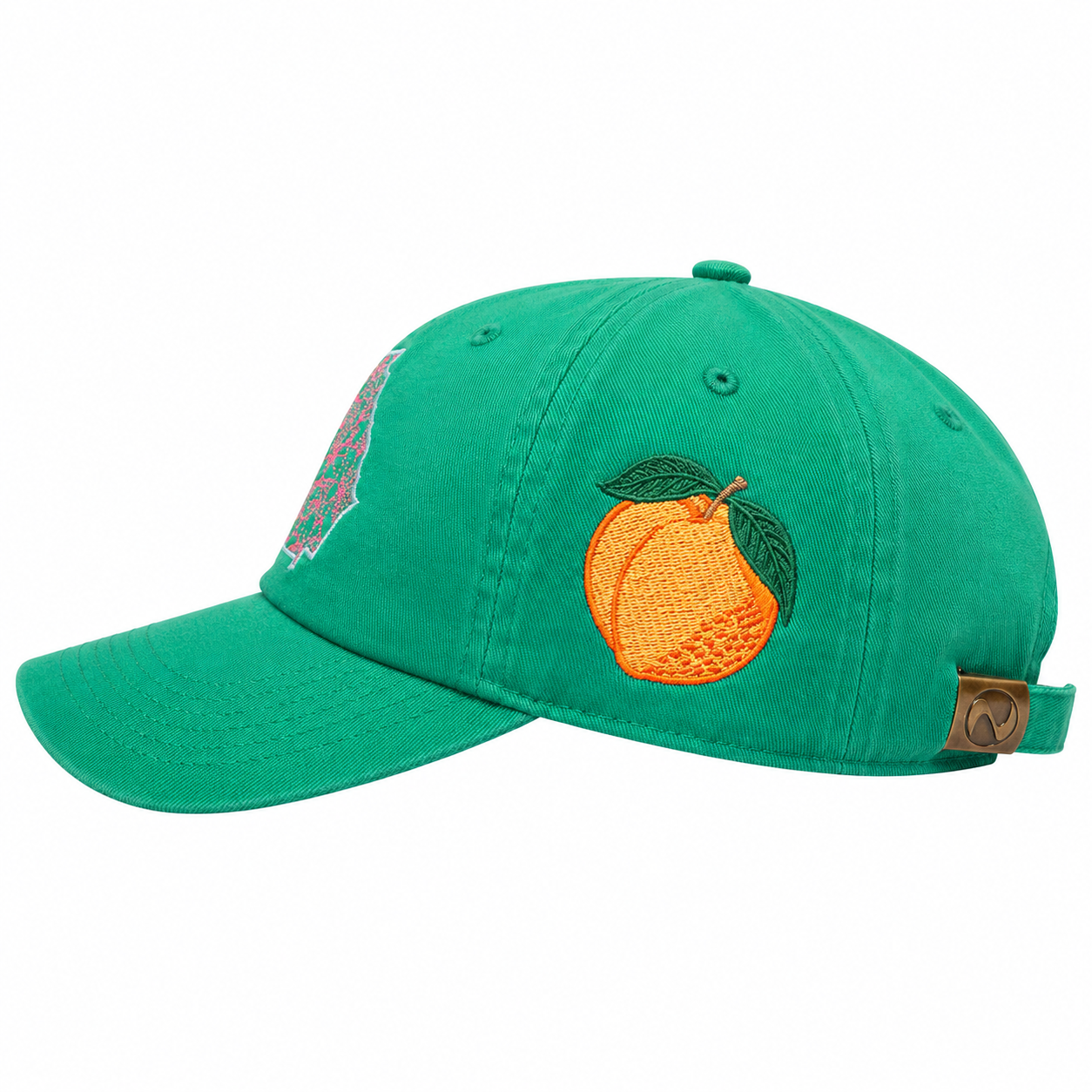 Green cap with an orange design on a white background