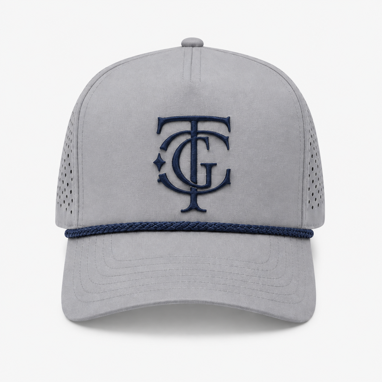 Grey TGC ATL Championship performance rope cap with navy embroidered monogram and navy rope detail