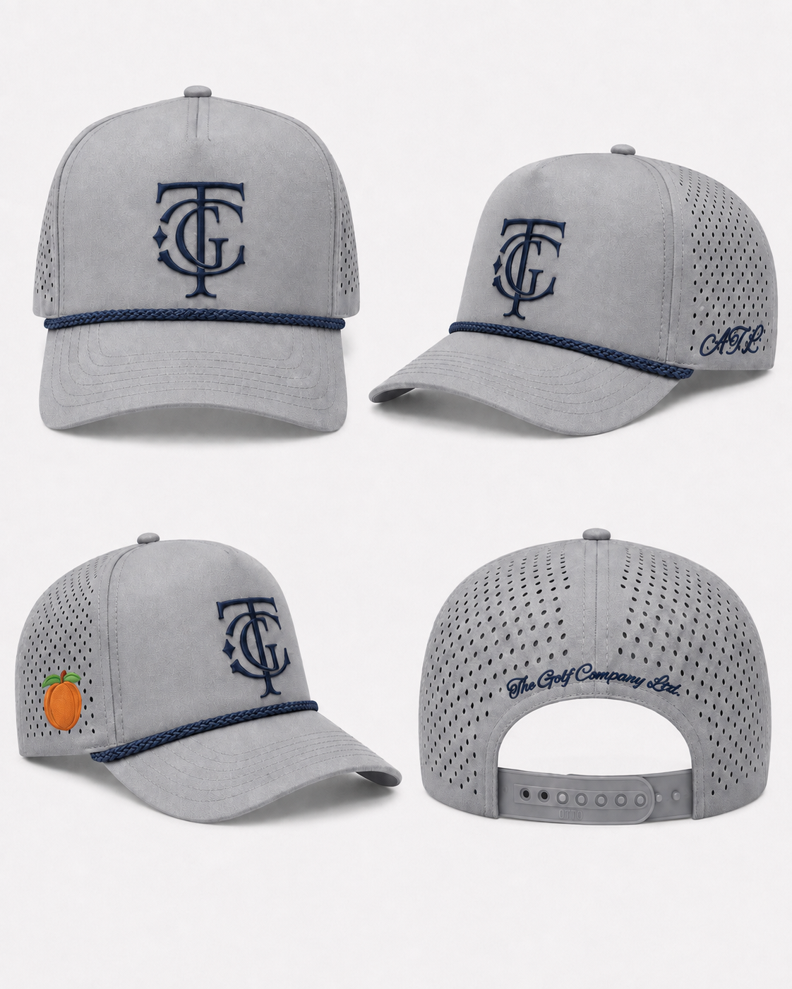 Four views of a light gray trucker cap with navy blue embroidered details, including a front 'TC' monogram, side script, and back text reading 'The Golf Company of Ink'.