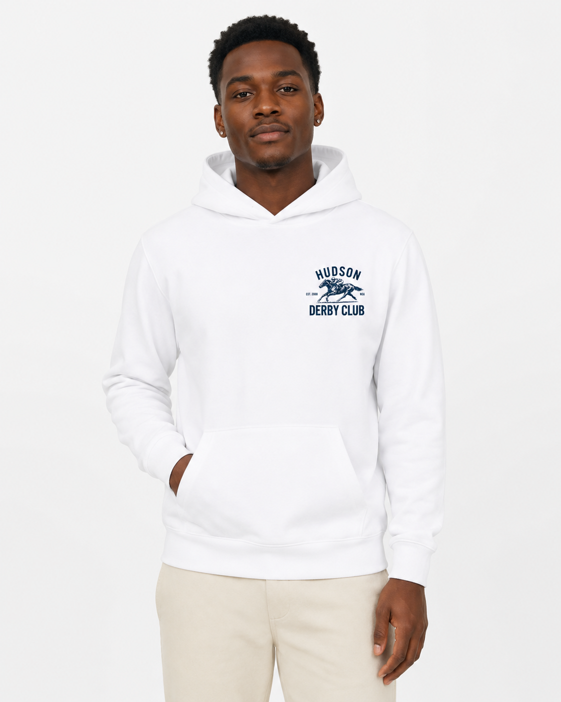 Man wearing a white hoodie with a logo on a white background