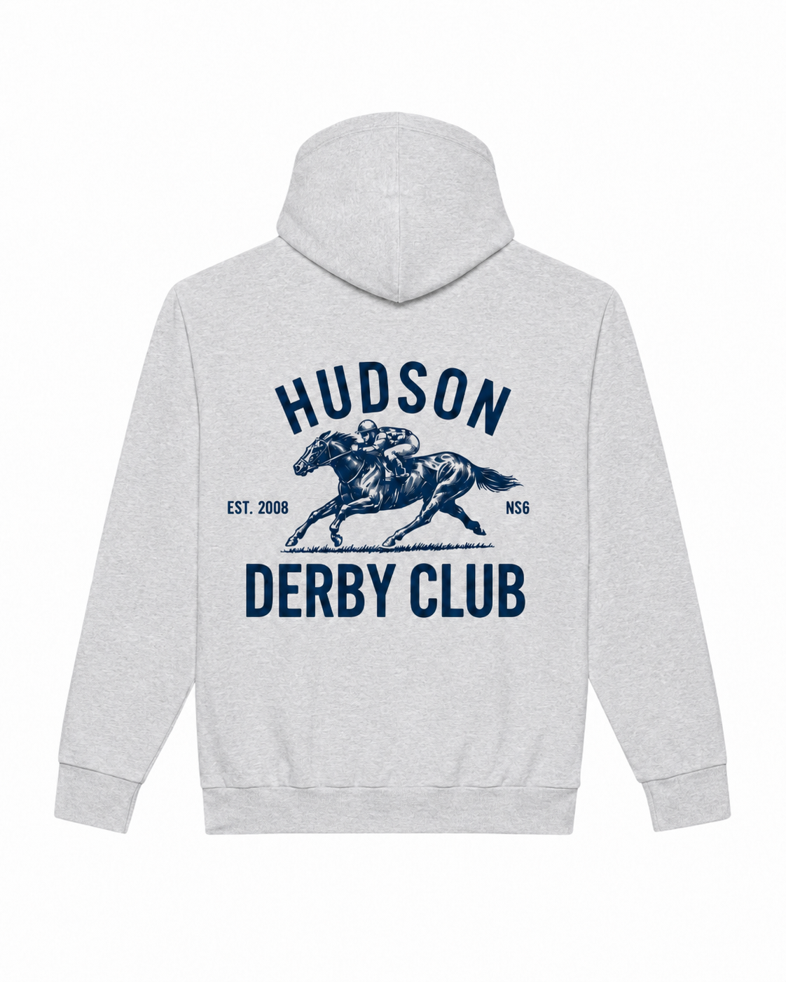 Gray hoodie with 'Hudson Derby Club' text and horse graphic on the back, on a white background