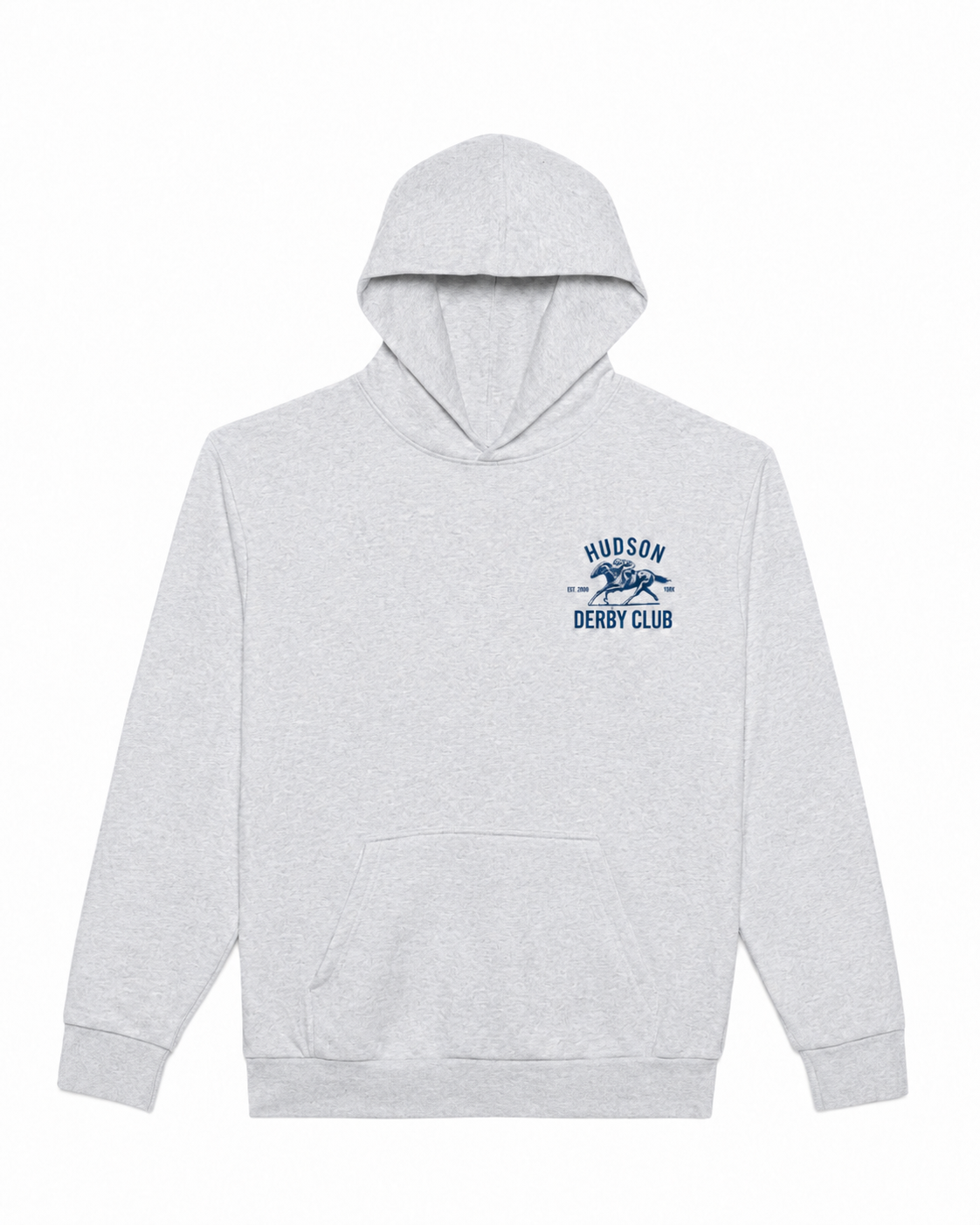 Gray hoodie with a logo and text on a white background