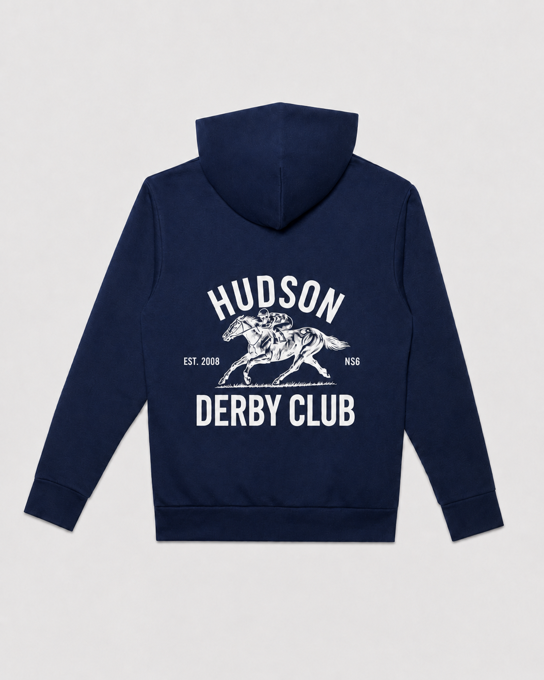 Navy blue hoodie with 'Hudson Derby Club' text and graphic on a light gray background