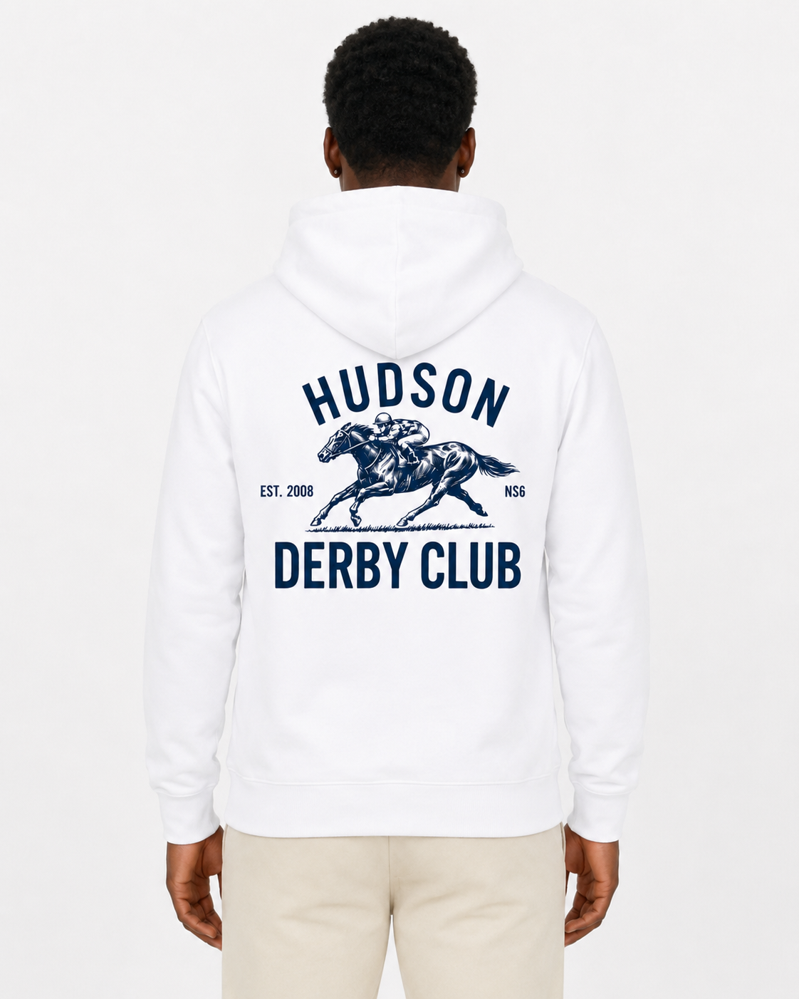 Person wearing a white hoodie with 'Hudson Derby Club' text and graphic on the back.