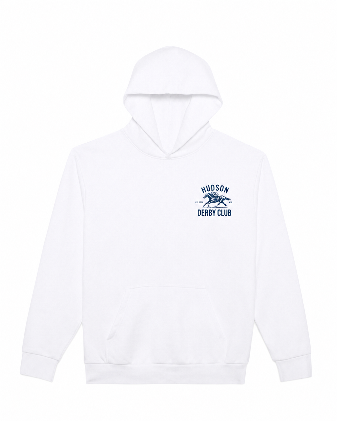 White hoodie with a logo on the chest against a white background