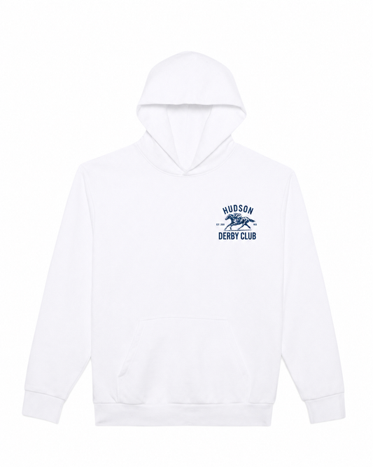 White hoodie with a logo on the chest against a white background