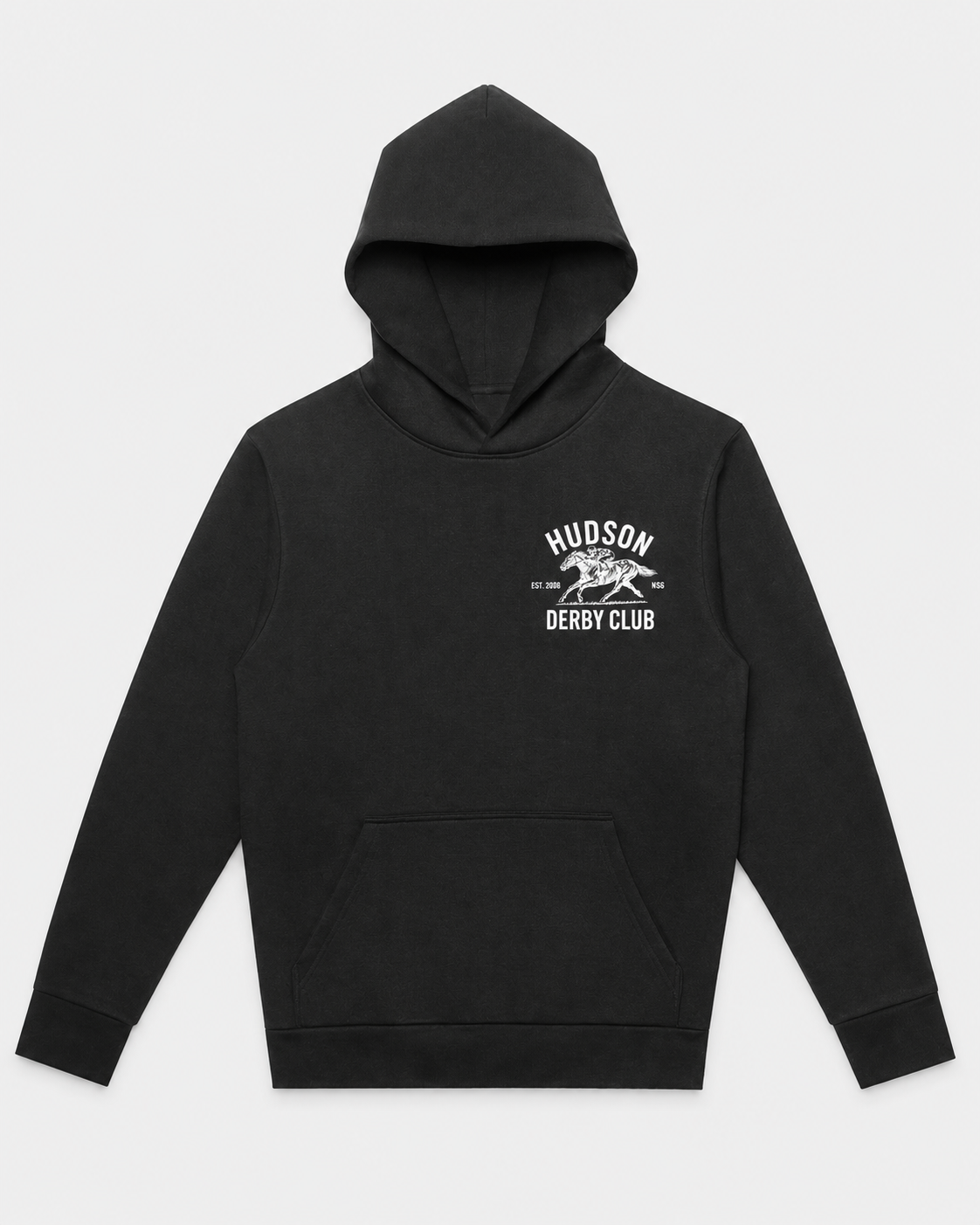 Black hoodie with 'Hudson Derby Club' logo on a white background
