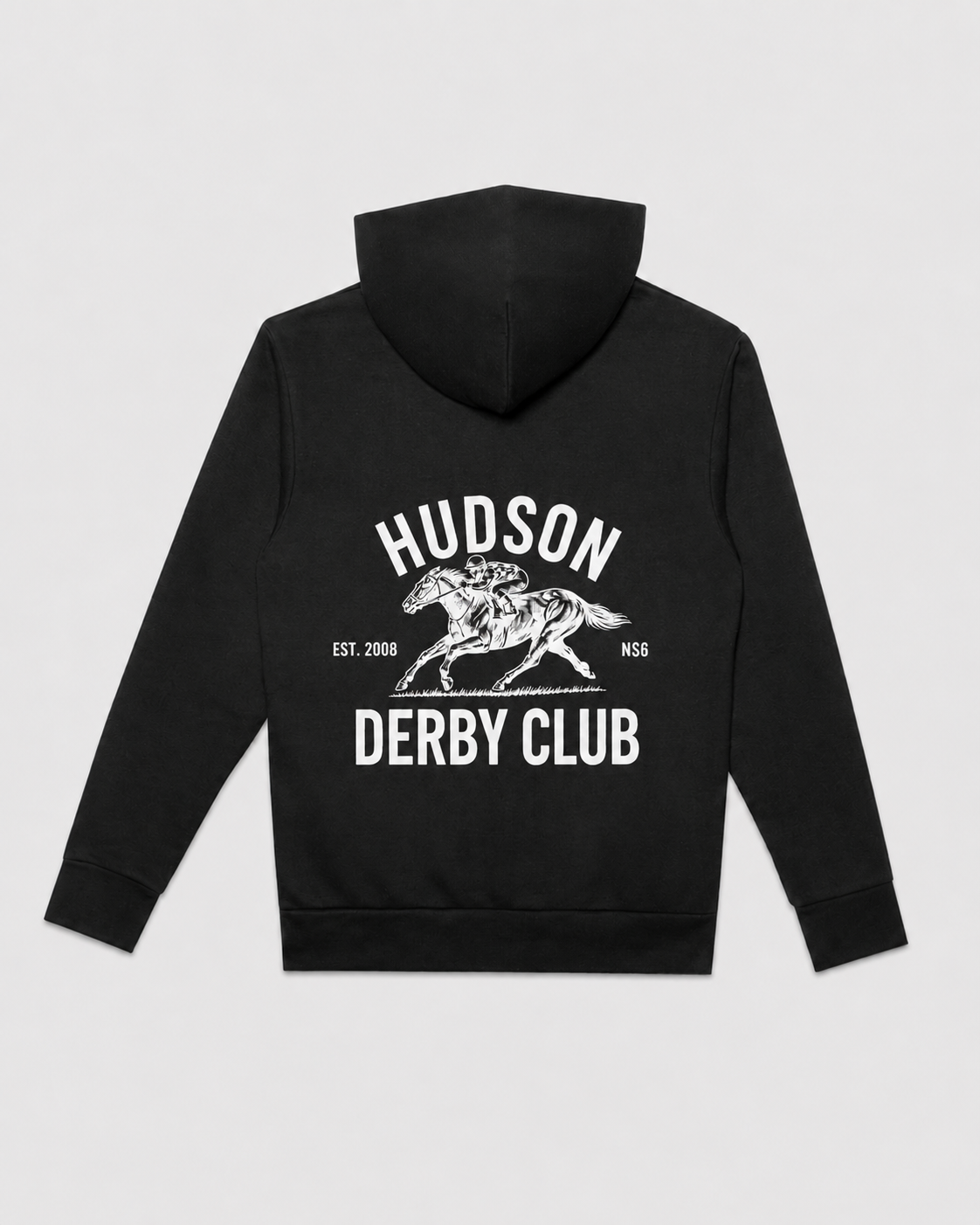 Black hoodie with 'Hudson Derby Club' text and graphic on a light gray background