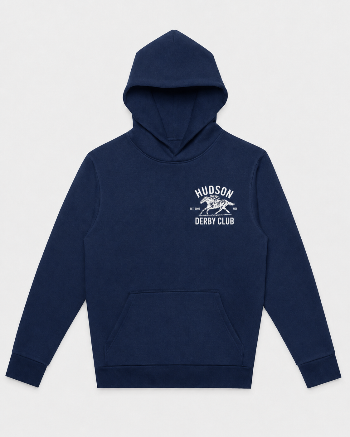 Navy blue hoodie with 'Hudson Derby Club' logo on a white background