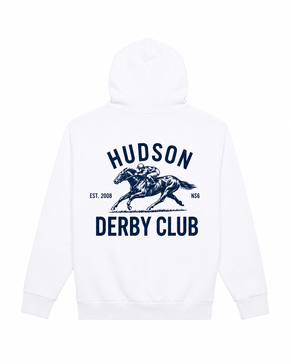 White hoodie with 'Hudson Derby Club' text and horse graphic on a white background