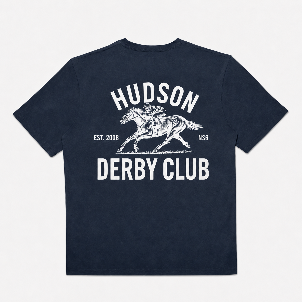 Navy blue t-shirt with white graphic and text on a light gray background