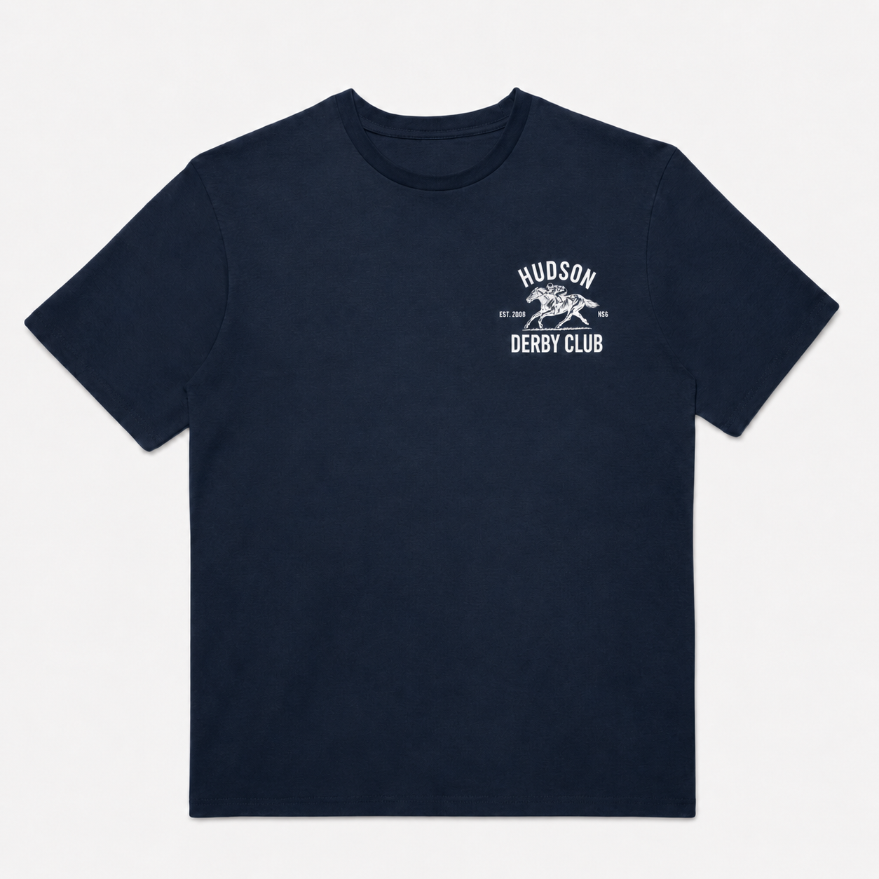 Navy blue t-shirt with white graphic and text on a light gray background