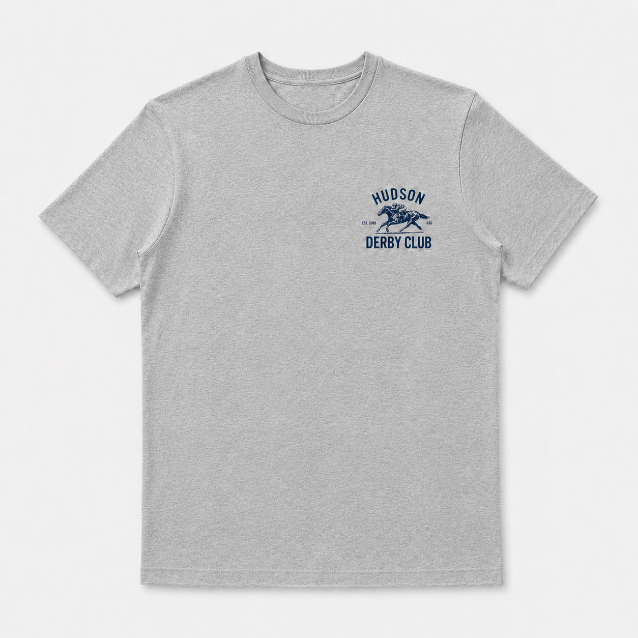 Gray t-shirt with blue logo on a white background