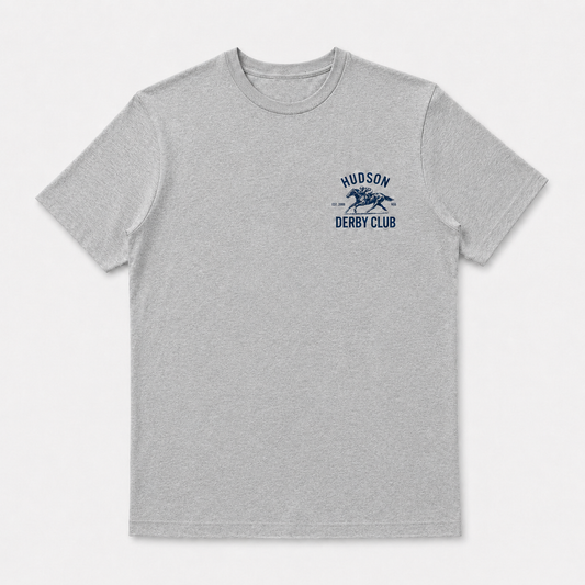Gray t-shirt with blue logo on a white background