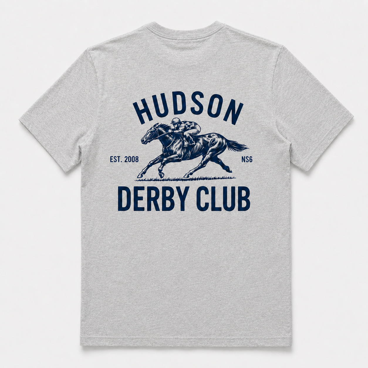 Gray t-shirt with 'Hudson Derby Club' graphic and text on a white background